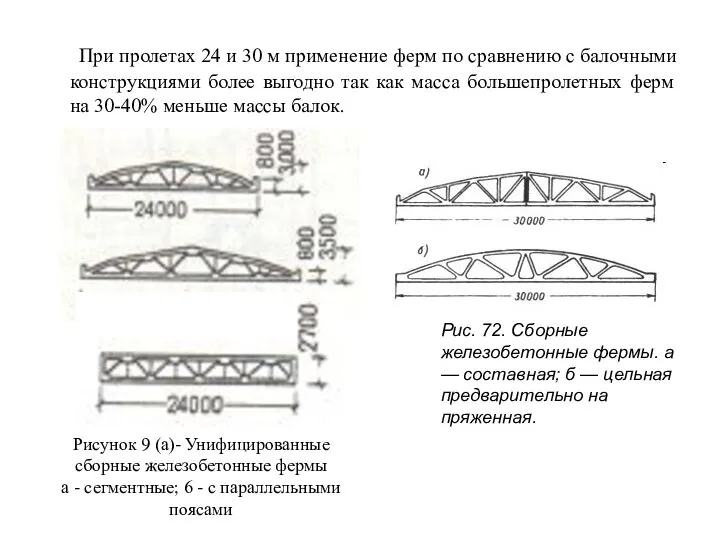 При пролетах 24 и 30 м применение ферм по сравнению с