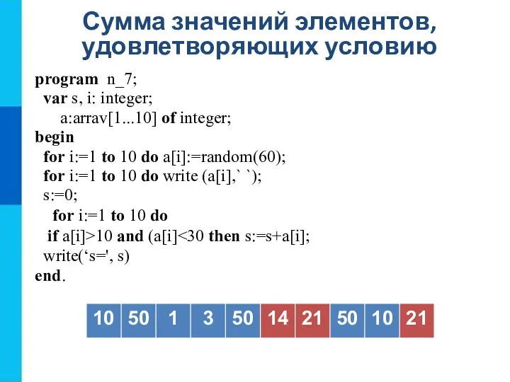 Сумма значений элементов, удовлетворяющих условию program n_7; var s, i: integer;