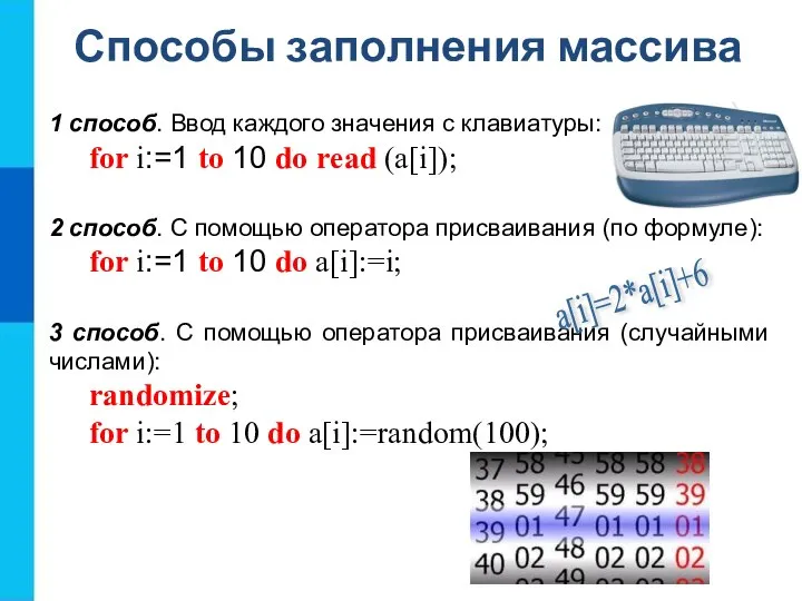 Способы заполнения массива 1 способ. Ввод каждого значения с клавиатуры: for