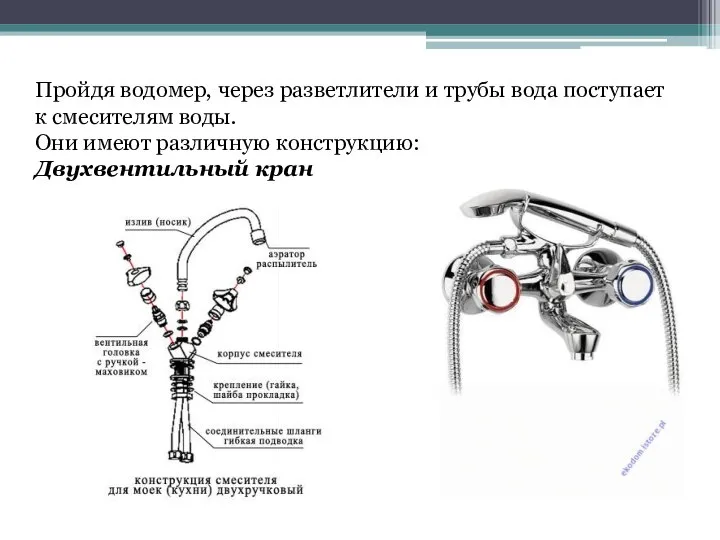 Пройдя водомер, через разветлители и трубы вода поступает к смесителям воды.