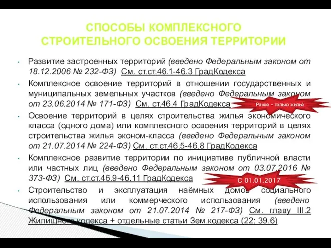 Развитие застроенных территорий (введено Федеральным законом от 18.12.2006 № 232-ФЗ) См.