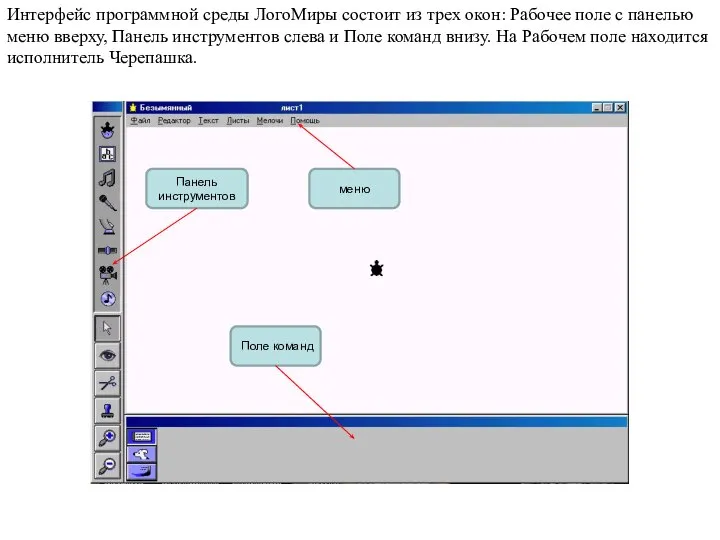 Интерфейс программной среды ЛогоМиры состоит из трех окон: Рабочее поле с