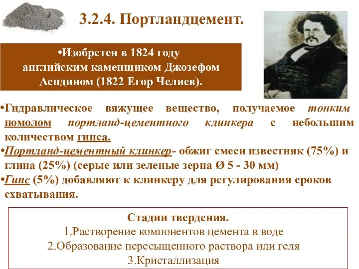 3.2.4. Портландцемент. Гидравлическое вяжущее вещество, получаемое тонким помолом портланд-цементного клинкера с