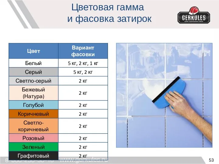 Цветовая гамма и фасовка затирок