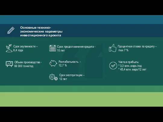 Срок окупаемости – 8,4 года Основные технико-экономические параметры инвестиционного проекта Срок