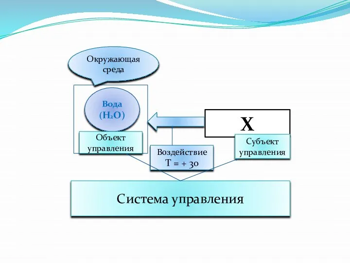 Вода (Н2О) Х Окружающая среда Воздействие Т = + 30 Субъект управления Объект управления Система управления