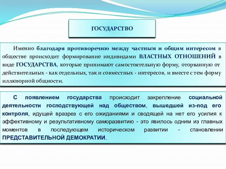 ГОСУДАРСТВО Именно благодаря противоречию между частным и общим интересом в обществе