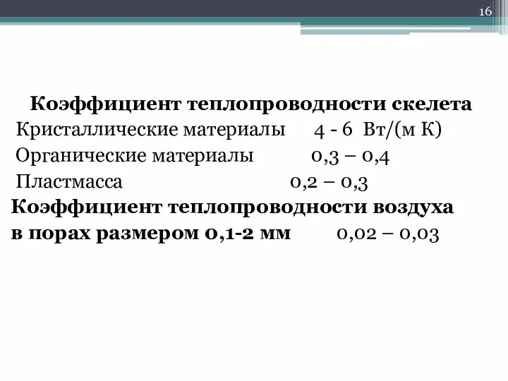 Коэффициент теплопроводности скелета Кристаллические материалы 4 - 6 Вт/(м К) Органические