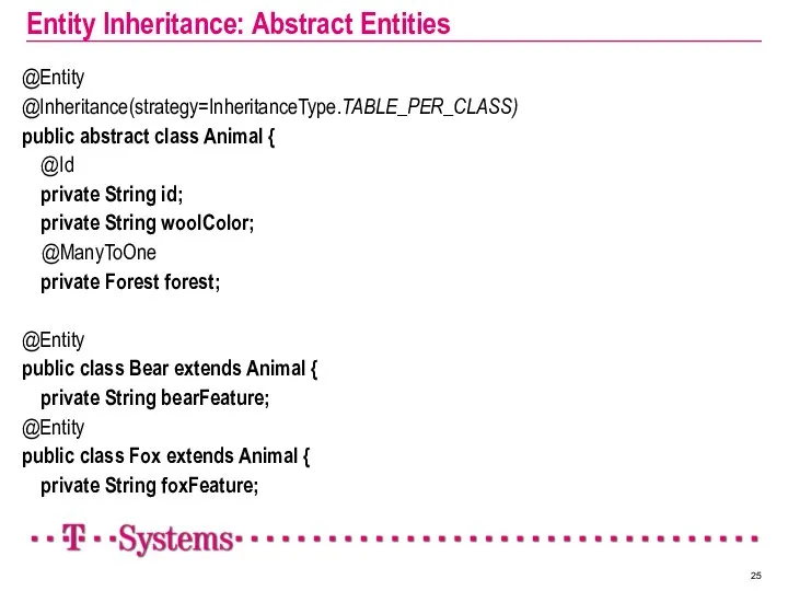 Entity Inheritance: Abstract Entities @Entity @Inheritance(strategy=InheritanceType.TABLE_PER_CLASS) public abstract class Animal {