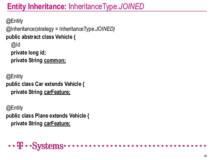 Entity Inheritance: InheritanceType.JOINED @Entity @Inheritance(strategy = InheritanceType.JOINED) public abstract class Vehicle