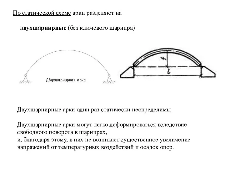 По статической схеме арки разделяют на двухшарнирные (без ключевого шарнира) Двухшарнирные