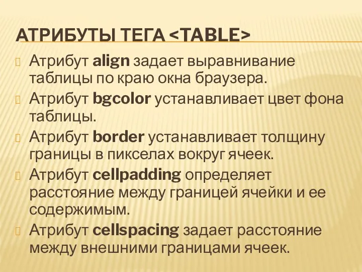 АТРИБУТЫ ТЕГА Атрибут align задает выравнивание таблицы по краю окна браузера.