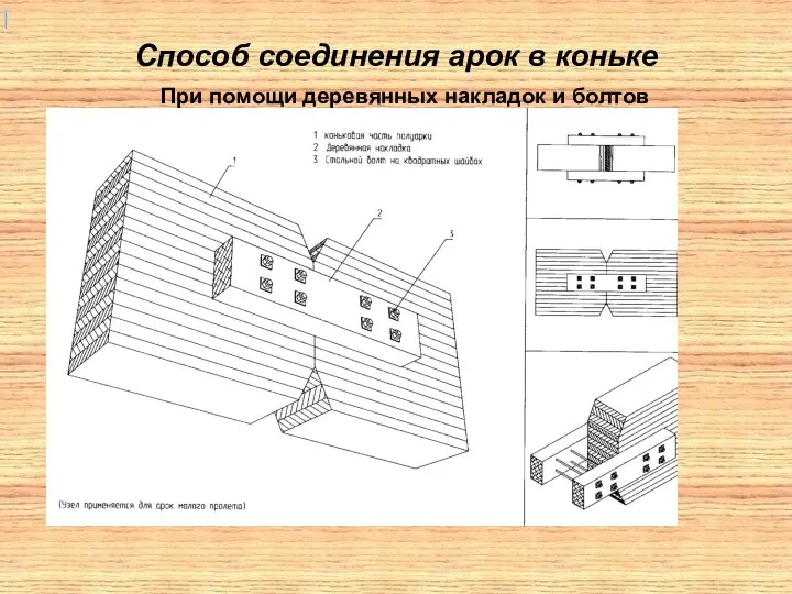 Способ соединения арок в коньке При помощи деревянных накладок и болтов