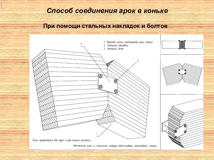 Способ соединения арок в коньке При помощи стальных накладок и болтов