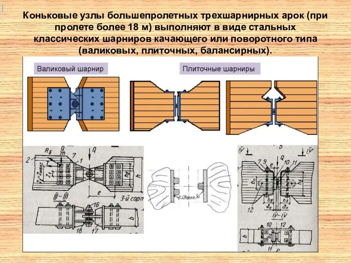 Коньковые узлы большепролетных трехшарнирных арок (при пролете более 18 м) выполняют