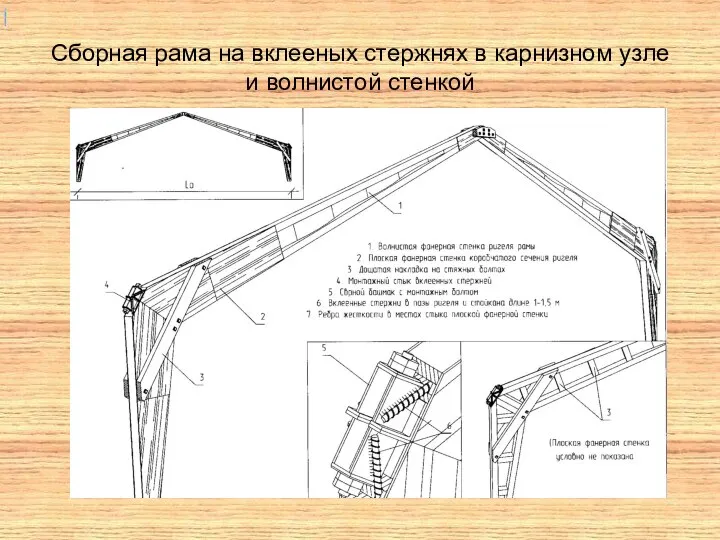 Сборная рама на вклееных стержнях в карнизном узле и волнистой стенкой