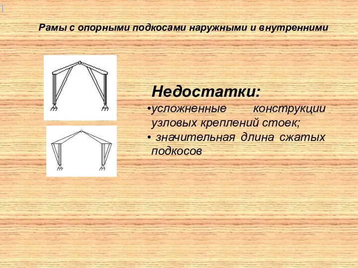 Рамы с опорными подкосами наружными и внутренними Недостатки: усложненные конструкции узловых