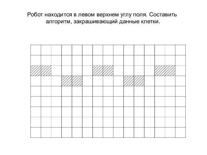 Робот находится в левом верхнем углу поля. Составить алгоритм, закрашивающий данные клетки.