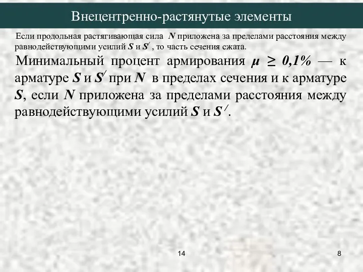 Если продольная растягивающая сила N приложена за пределами расстояния между равнодействующими