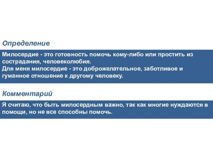 Милосердие - это готовность помочь кому-либо или простить из сострадания, человеколюбия.