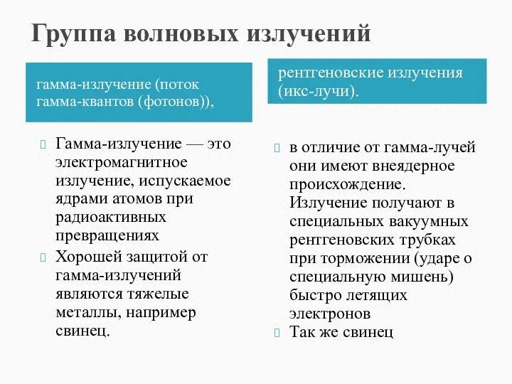 Группа волновых излучений гамма-излучение (поток гамма-квантов (фотонов)), рентгеновские излучения (икс-лучи). Гамма-излучение