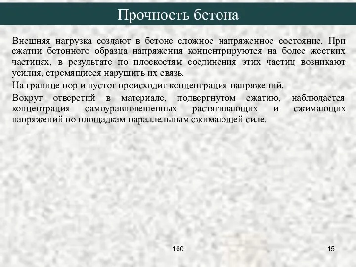 Внешняя нагрузка создают в бетоне сложное напряженное состояние. При сжатии бетонного