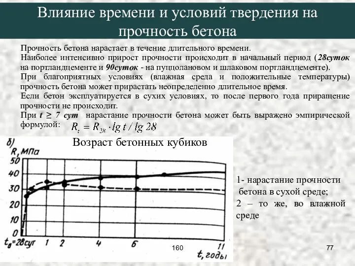 Прочность бетона нарастает в течение длительного времени. Наиболее интенсивно прирост прочности