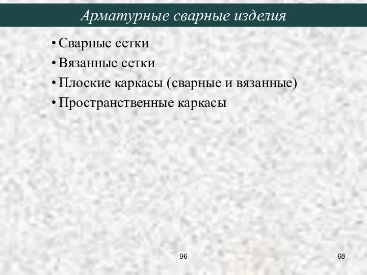 Сварные сетки Вязанные сетки Плоские каркасы (сварные и вязанные) Пространственные каркасы Арматурные сварные изделия 96