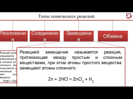 Типы химических реакций Разложения Соединения Замещения Обмена Реакций разложения называется такая