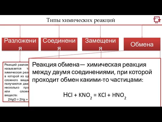 Типы химических реакций Разложения Соединения Замещения Обмена Реакций разложения называется такая