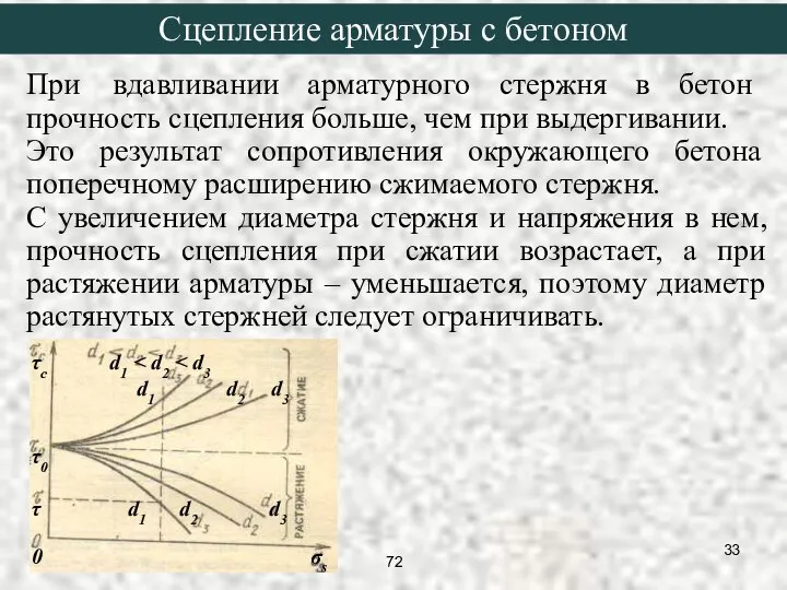 При вдавливании арматурного стержня в бетон прочность сцепления больше, чем при