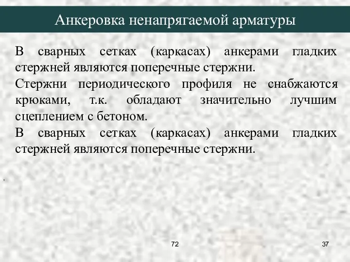 В сварных сетках (каркасах) анкерами гладких стержней являются поперечные стержни. Стержни