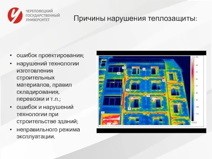 Причины нарушения теплозащиты: ошибок проектирования; нарушений технологии изготовления строительных материалов, правил