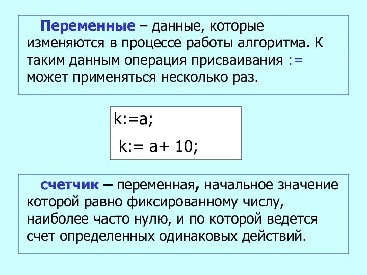 Переменные – данные, которые изменяются в процессе работы алгоритма. К таким