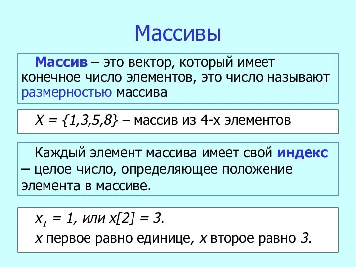 Массивы Массив – это вектор, который имеет конечное число элементов, это