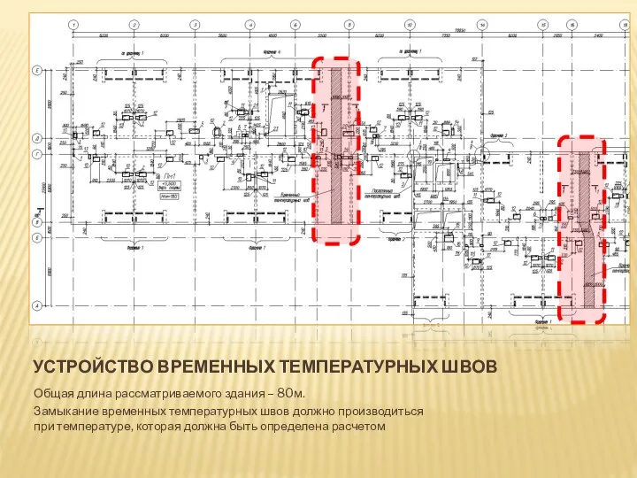 УСТРОЙСТВО ВРЕМЕННЫХ ТЕМПЕРАТУРНЫХ ШВОВ Общая длина рассматриваемого здания – 80м. Замыкание