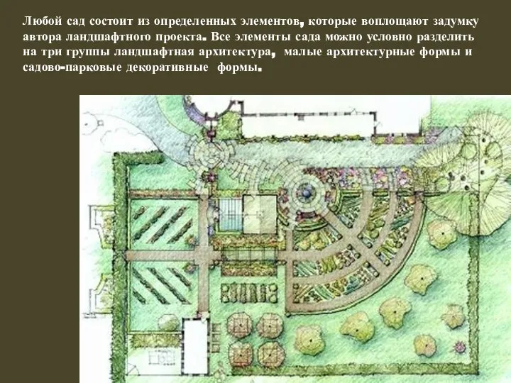 Любой сад состоит из определенных элементов, которые воплощают задумку автора ландшафтного