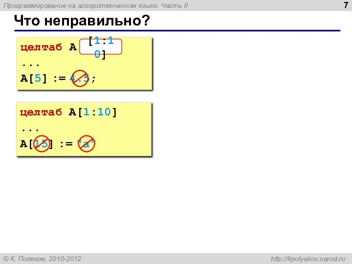 Что неправильно? целтаб A [10:1] ... A[5] := 4.5; [1:10] целтаб A[1:10] ... A[15] := "a"