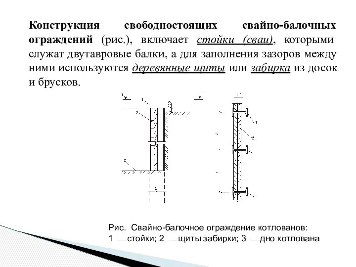 Конструкция свободностоящих свайно-балочных ограждений (рис.), включает стойки (сваи), которыми служат двутавровые