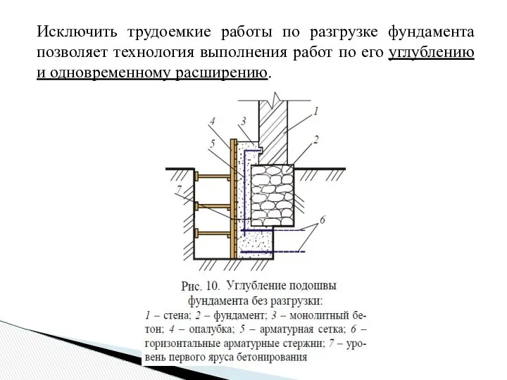 Исключить трудоемкие работы по разгрузке фундамента позволяет технология выполнения работ по его углублению и одновременному расширению.