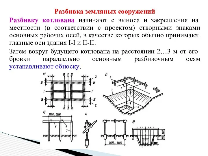 Разбивка земляных сооружений Разбивку котлована начинают с выноса и закрепления на