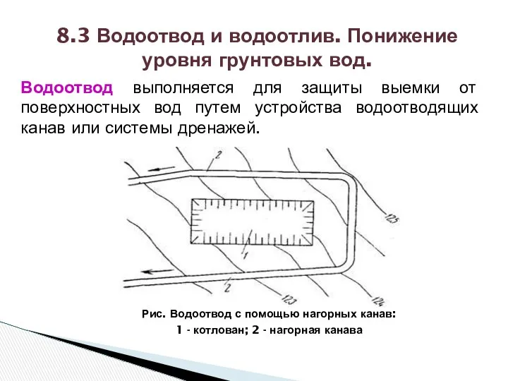 Водоотвод выполняется для защиты выемки от поверхностных вод путем устройства водоотводящих