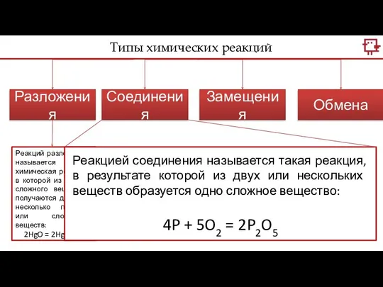 Типы химических реакций Разложения Соединения Замещения Обмена Реакций разложения называется такая