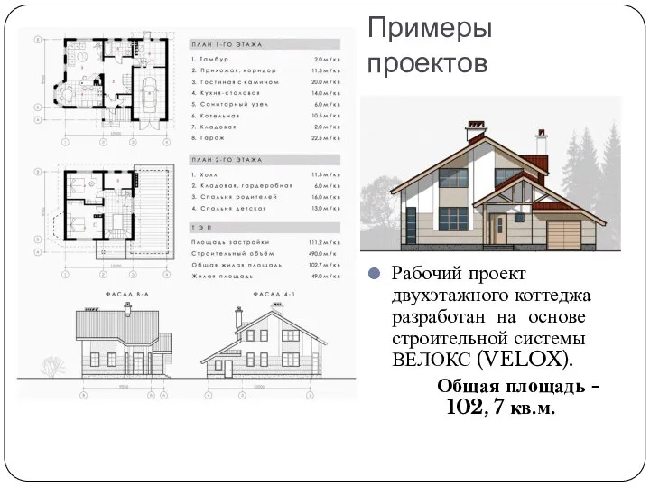 Примеры проектов Рабочий проект двухэтажного коттеджа разработан на основе строительной системы