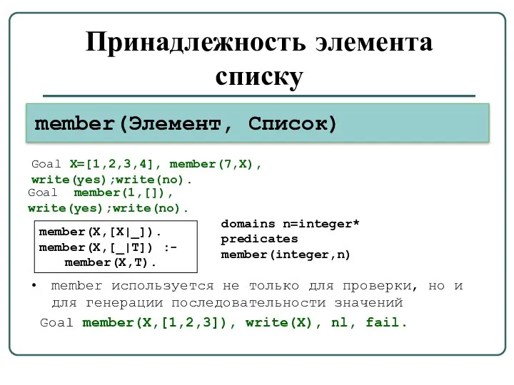 Принадлежность элемента списку member(Элемент, Список) member(X,[X|_]). member(X,[_|T]) :- member(X,T). member используется