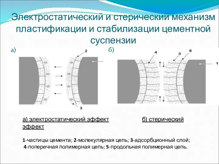 Электростатический и стерический механизм пластификации и стабилизации цементной суспензии а) б)