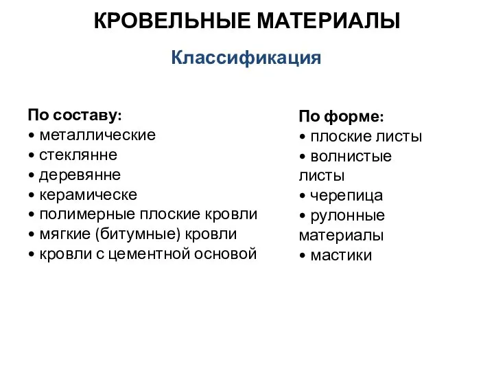 КРОВЕЛЬНЫЕ МАТЕРИАЛЫ Классификация По составу: • металлические • стеклянне • деревянне