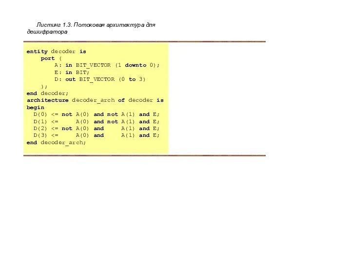 Листинг 1.3. Потоковая архитектура для дешифратора entity decoder is port (