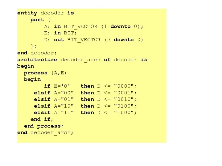 entity decoder is port ( A: in BIT_VECTOR (1 downto 0);