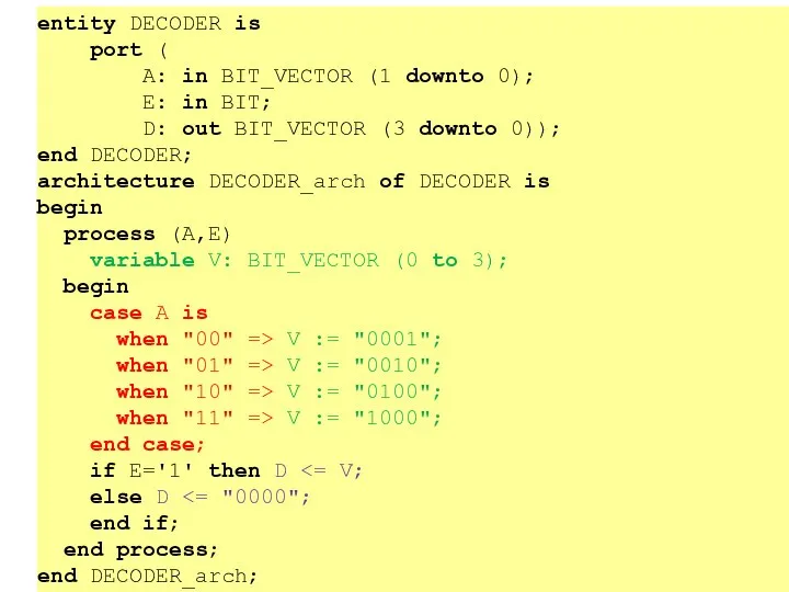 entity DECODER is port ( A: in BIT_VECTOR (1 downto 0);